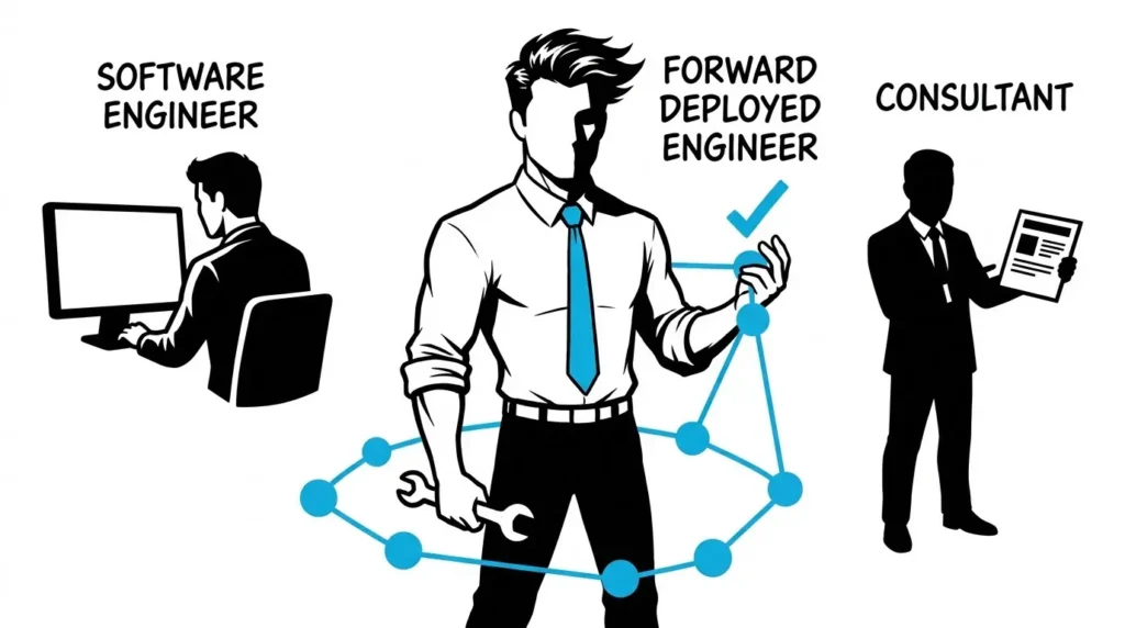 What Is a Forward Deployed Engineer? Role, Salary, and the FDE Model 2 Three figures side by side, a distant software engineer at a screen, a distant consultant with a report, and the Man in the Blue Tie embedded in the middle building inside the client's operation, illustrating that the forward deployed engineer both builds and owns the outcome on site. forward deployed engineer.