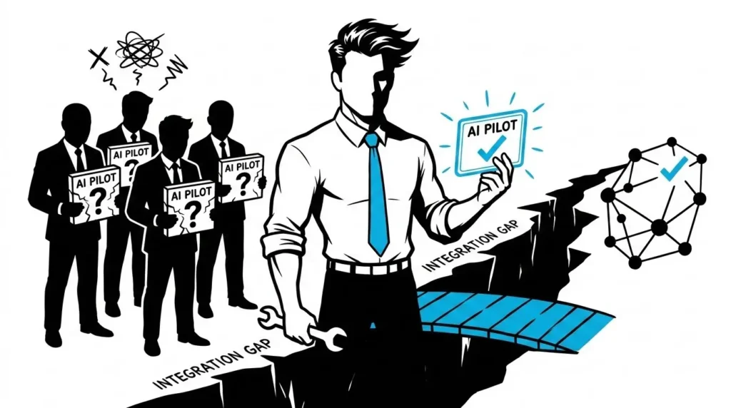 What Is a Forward Deployed Engineer? Role, Salary, and the FDE Model 1 A row of faceless figures holding stalled AI projects marked with black question marks while the Man in the Blue Tie carries one project across the gap to a live checkmark, illustrating that most enterprise AI pilots fail on integration while an embedded engineer ships. Forward Deployed Engineer.