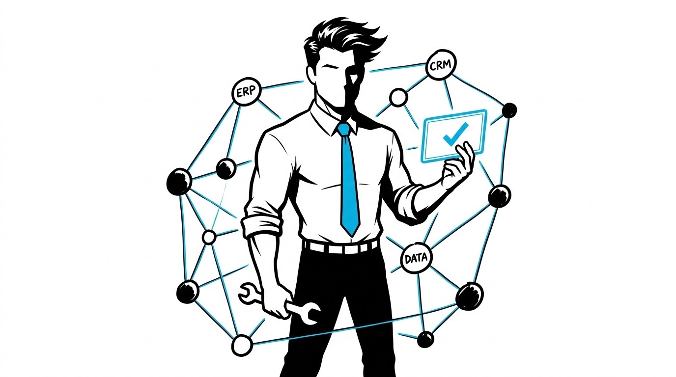 The Man in the Blue Tie as a forward deployed engineer standing inside a client's live business model, holding a wrench in one hand and a glowing shipped system in the other, illustrating an engineer who embeds and delivers a working system