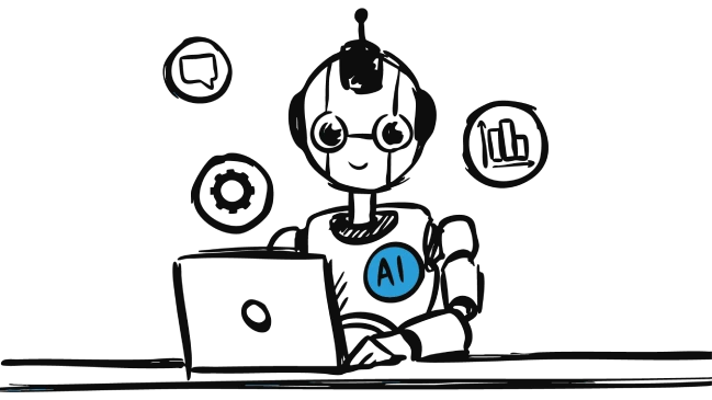 Friendly cartoon AI robot working on a laptop surrounded by icons for chat, settings, and data analytics, representing AI and machine learning models