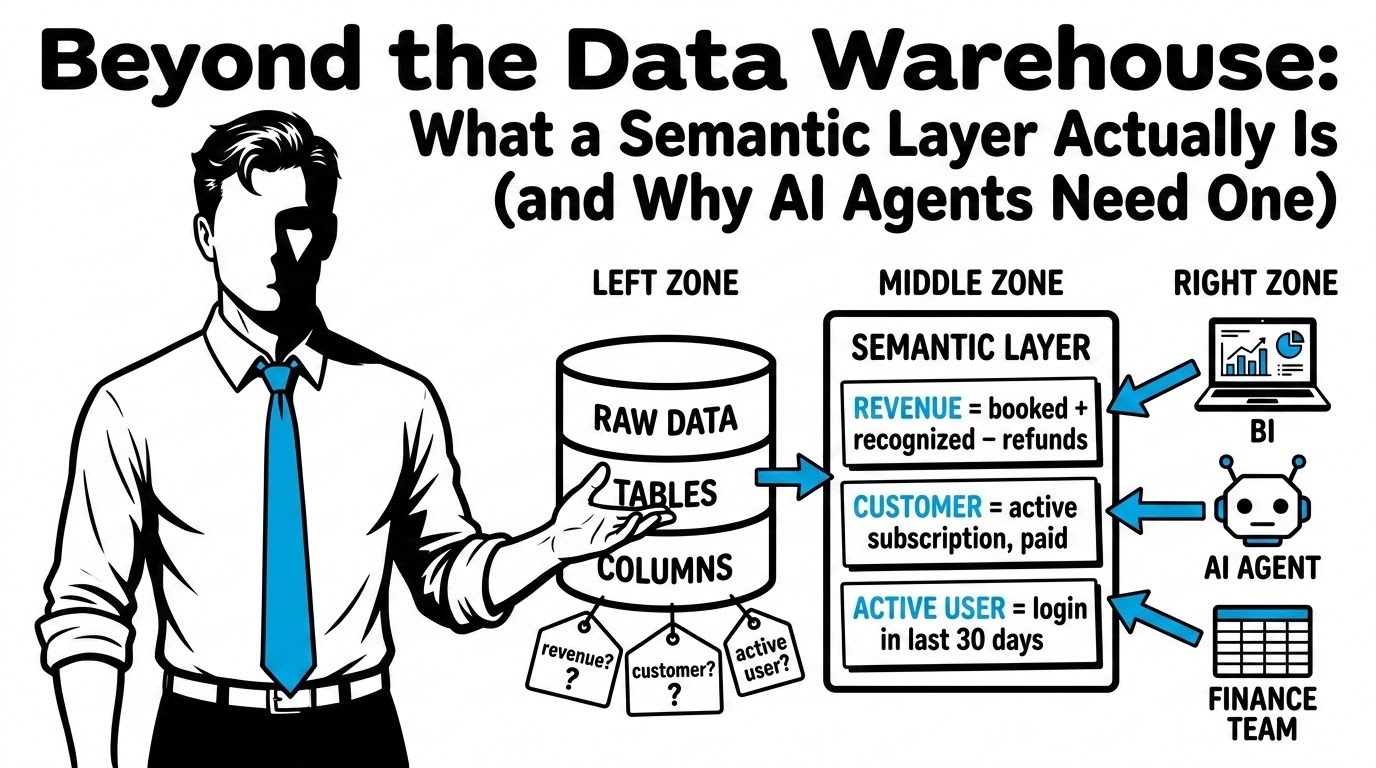 Beyond the Data Warehouse: What a Semantic Layer Actually Is — illustration of the FreshBI businessman in a blue tie standing beside a three-zone diagram showing raw warehouse data on the left, a semantic layer defining REVENUE in the middle, and a BI dashboard, AI agent, and finance team all reading the same definition on the right