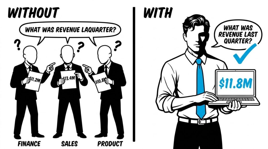 Left-right split showing three teams arguing over three different revenue numbers without a semantic layer on the left, and the FreshBI businessman in a blue tie holding a laptop with one verified revenue number on the right