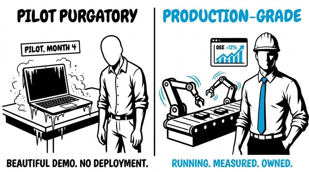 Split illustration showing one AI pilot stuck frozen in a closed laptop on the left and another AI deployment running live on a production line monitored by the FreshBI businessman in a blue tie wearing a hard hat on the right