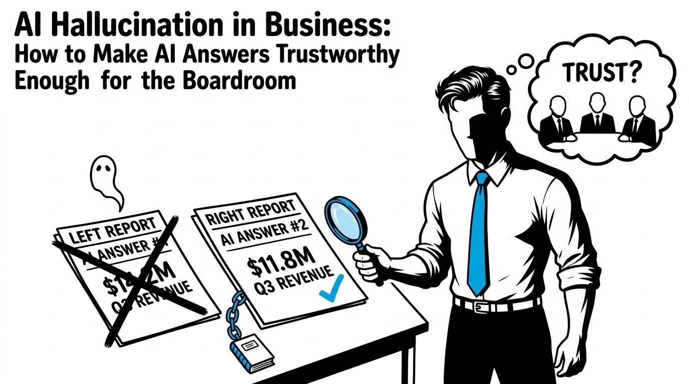 AI Hallucination in Business: How to Make AI Answers Trustworthy Enough for the Boardroom — illustration of the FreshBI businessman in a blue tie holding a magnifying glass over a verified AI-generated number traced to its source ledger, while a hallucinated number sits crossed out beside it