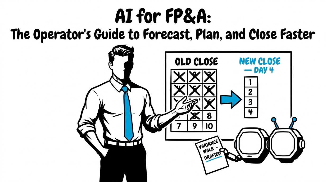 AI for FP&A: The Operator's Guide to Forecast, Plan, and Close Faster — illustration of the FreshBI businessman in a blue tie standing beside a wall calendar that shows a 10-day close compressed to a 4-day close, with an AI agent icon handing him a drafted variance walk