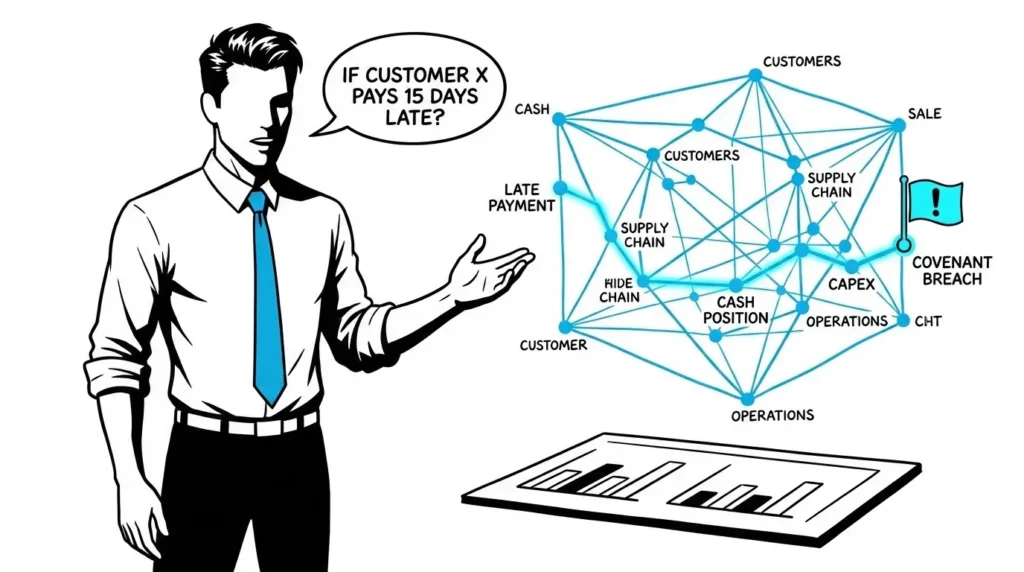 Digital twin for business. The Man in the Blue Tie as a CFO querying a live cash-flow model that traces a late customer payment through to a covenant warning, illustrating a digital twin answering a forward-looking question