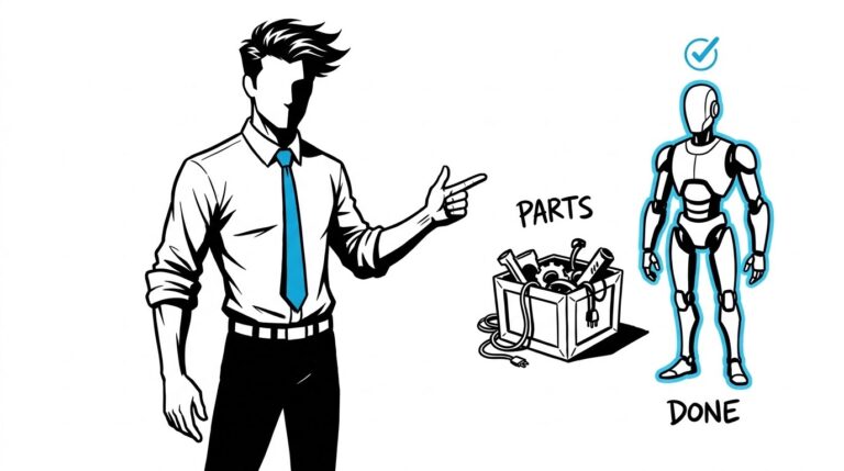 The Man in the Blue Tie pointing to a finished robot agent glowing in cyan on the right, while an open crate of loose unlabeled parts sits dim on the left, illustrating build-your-own platform versus a delivered outcome